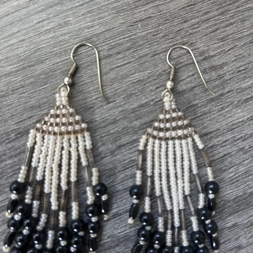Black Silver Seed Bead Dangle Earrings Boho Fringe Handmade Style